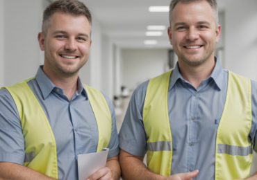 Two plumbers standing in the Glasgow office