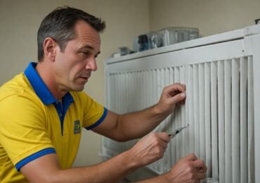 Gas engineer fixing a radiator and performing a power flush